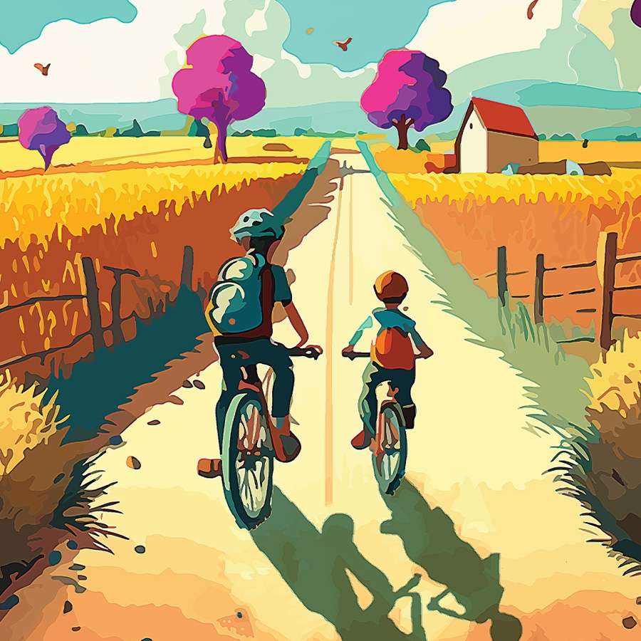 Deux enfants qui font du vélo au milieu des champs